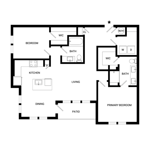 Floor plan for 2 beds, 2 baths, 1277 sqft